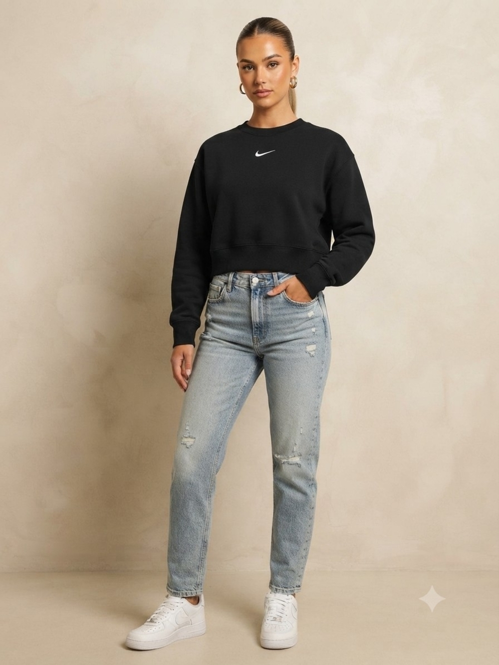 Nike Black Cropped Crewneck Sweatshirt with White Swoosh